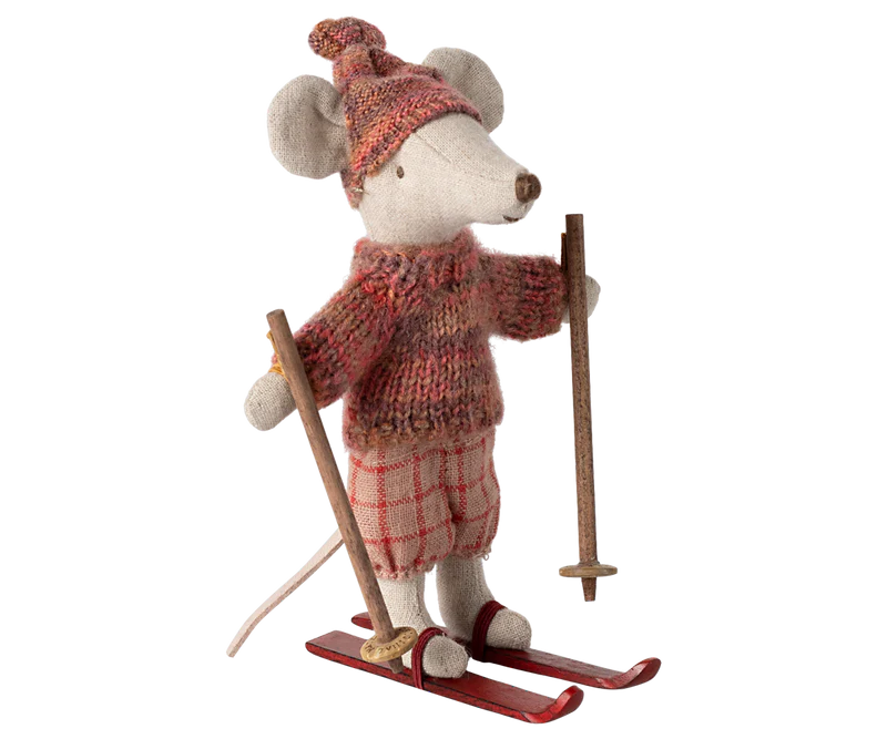 Winter mouse with ski set, Mum - Red